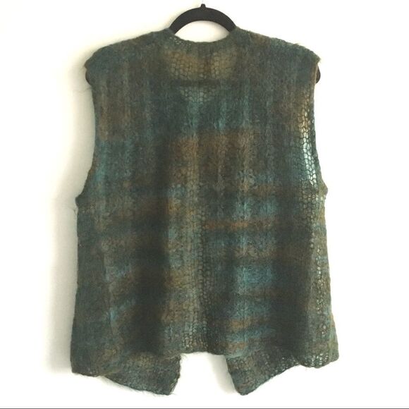 HAND KNIT Mohair Sleeveless Cardigan Sweater Tie Neck Blue Green S/M - Picture 5 of 7